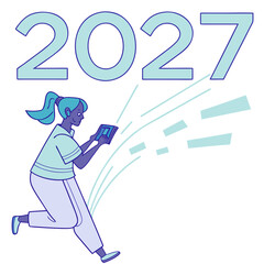 Young woman running forward holding a tablet device with the year 2027 in large blue numerals above