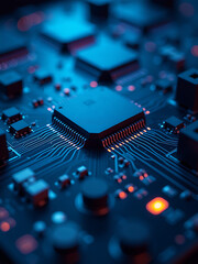 shot interconnected microchips wires amidst dimly lit futuristic background soft blue led lights casting ethereal