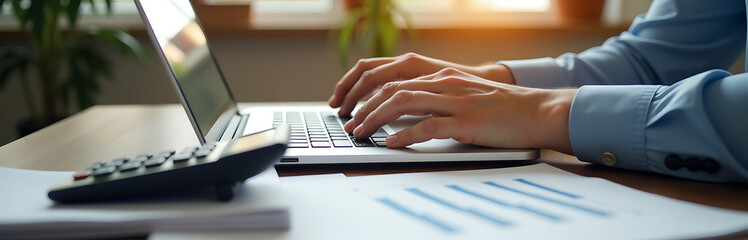 shot accountant fingers deftly typing laptop keyboard worn calculator lying adjacent stack financial