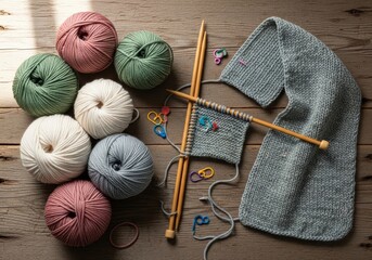 Knitting Project with Colorful Yarn Balls