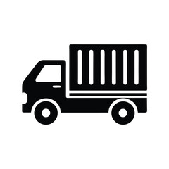 An Isolated black delivery truck icon displays vehicle for transporting goods fast