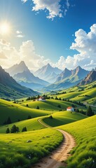 Lush green rolling hills with a winding dirt path and distant mountains