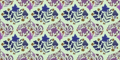 Autum Winter Pattern Background Illustration For Cover, Banner, Notes. Fall Winter Aesthetic Background.  Plant And Flower Pattern Background.