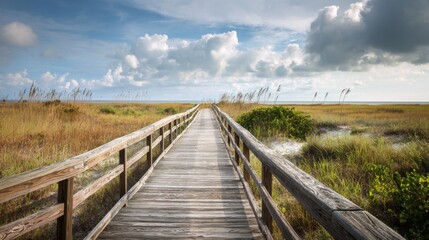 Wooden Pathway to Tranquility: A weathered wooden pathway stretches invitingly towards the horizon. The sky unfolds above, a canvas of serene blues and fluffy clouds.