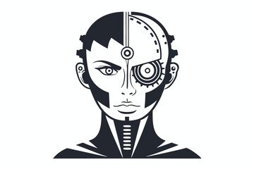 Black and white cyborg woman shows half human and half machine face clearly