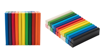 Vibrant colorful modeling clay sticks arranged in two distinct rainbow patterns.
