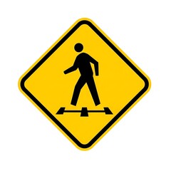 Bright yellow pedestrian crossing sign alerting drivers and pedestrians to walk safely and cautiously in the area