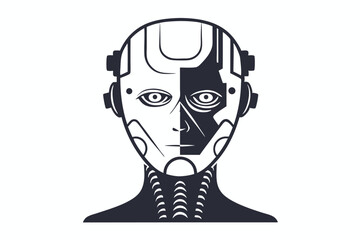 Black icon depicts a futuristic robot head with mechanical parts and intricate detailing