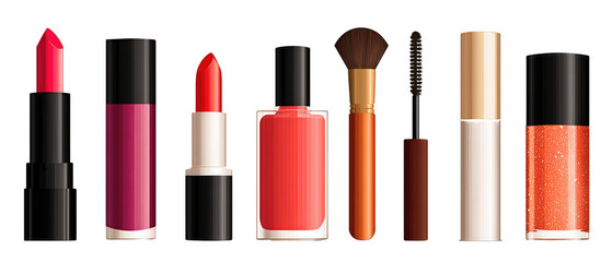 Obraz premium Even strip of cosmetic line icons showing lipstick, brush, bottle and compact, isolated on transparent background. 