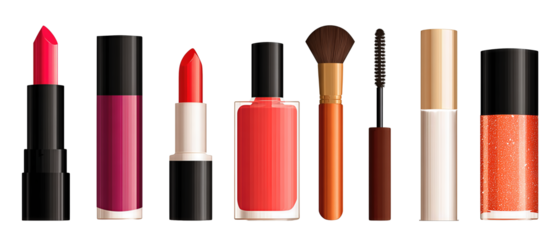 Even strip of cosmetic line icons showing lipstick, brush, bottle and compact, isolated on transparent background.
