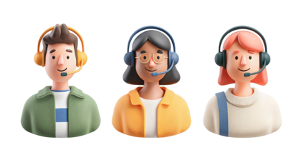 Customer service avatars showing agent faces with headsets in minimal flat design, isolated on transparent background.
