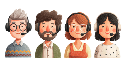 Set of four rounded support chat avatars with headsets, drawn in simple flat style, isolated on transparent background.
