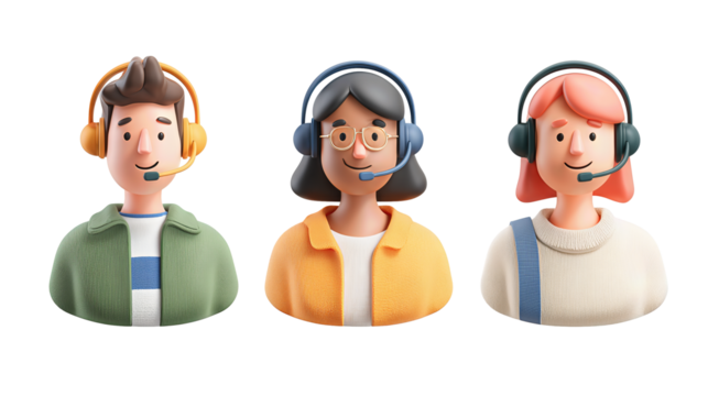 Customer service avatars showing agent faces with headsets in minimal flat design, isolated on transparent background.
