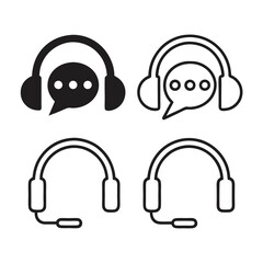 Black outline depicts headset with speech bubble and microphone communication icon