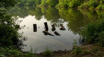 Submerged wooden posts in a tranquil lake with green reflections.