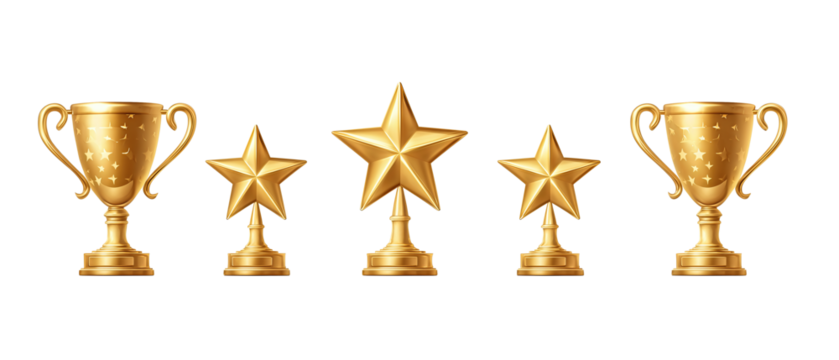 Row of small golden trophies neatly aligned with stars, minimal shading, isolated on transparent background.
