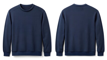 Blank navy blue crewneck sweatshirt mockup showing front and back views. Isolated long sleeve pullover template for apparel design