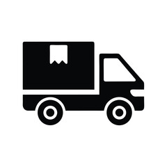 Black silhouette illustrates a delivery truck carrying cargo with label on its body