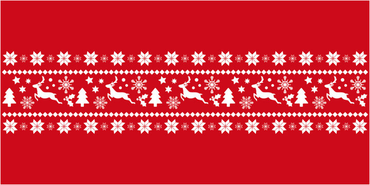 Christmas pattern design. Merry Christmas decoration illustration. Snowflakes, stars, flowers and reindeers decoration holiday banner. Vector illustration.