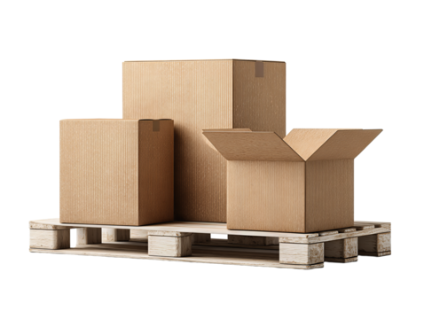 Set of three cardboard boxes in small, medium, and open form placed on a white pallet stripe, isolated on transparent background.
