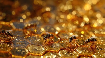 Golden Honeycomb Harvest:  A close-up view of a honeycomb glistening with golden honey, capturing the essence of nature's sweet gift and the diligent work of the bees.