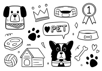 Dog doodle set on white background. Pet shop Vector illustration