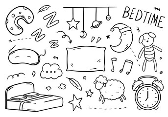 Bedroom doodle set on white background. Bed time Vector illustration