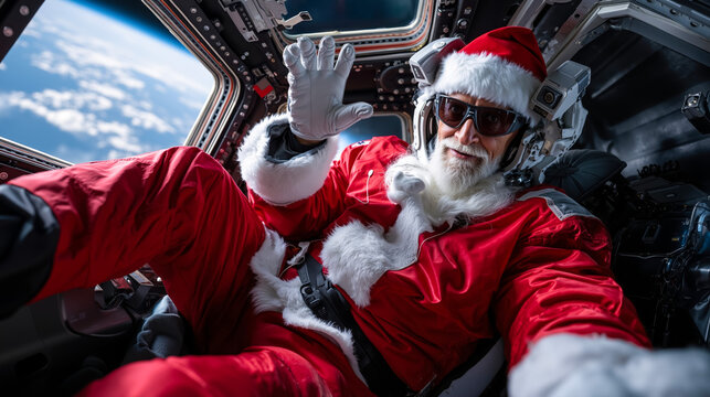 A man dressed as Santa Claus in a space station