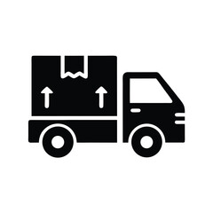 Black silhouette shows a delivery truck carrying a box with arrows pointing up
