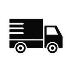 Black silhouette shows a small delivery truck icon with motion lines isolated on white
