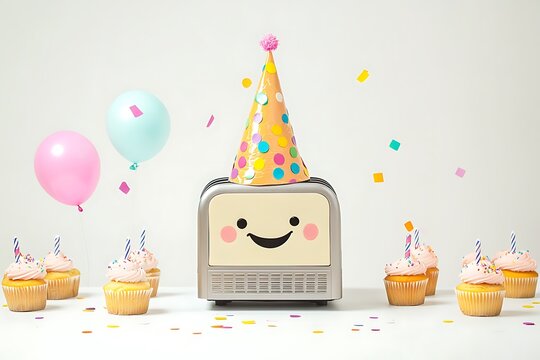 A cheerful toaster character smiling while decorated with a festive hat. - Powered by Adobe