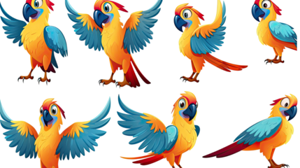 Set of colourful parrots in various poses isolated on white background
