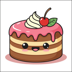 Adorable kawaii layered chocolate cake with pink glaze and cherry topping smiling cute face
