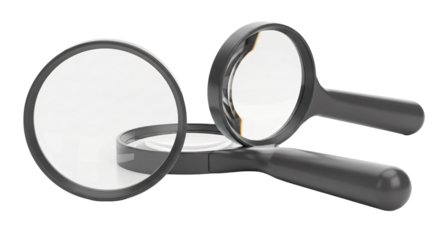Two Magnifying Glasses with Dark Handles and Clear Lenses.