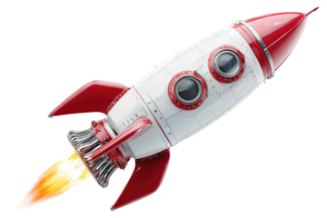 Classic vintage rocket design in white and red, blasting upward with bright flame, isolated on transparent background.

