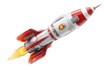 Stylized upward rocket with retro red fins and burning exhaust trail, isolated on transparent background.
