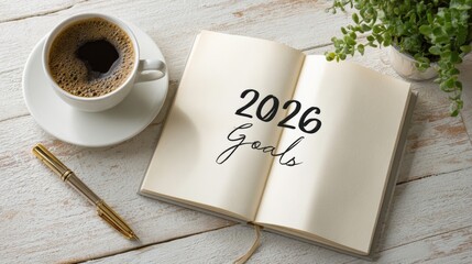 2026 Goals Notebook with Coffee and Pen: The year 2026 is set for success as an open notebook sits next to a steaming cup of coffee and pen