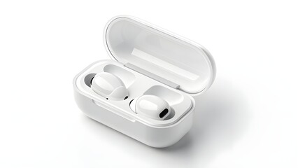 A pair of sleek white wireless earbuds resting inside their open charging case, an isolated product mockup for modern audio technology