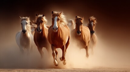 Obraz premium Wild horses gallop freely across an open landscape during golden hour in vivid dust clouds