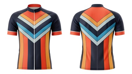 Dynamic cycling jersey mockup, front and back, showcasing a vibrant retro striped pattern in bold orange, blue, and grey. Ideal for sportswear design and branding