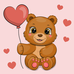 Cute cartoon Brown Bear holding a red heart shaped balloon. Adorable Vector Illustration of animal on a light red background.