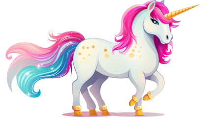 Cute unicorn with vibrant colorful mane isolated on white background
