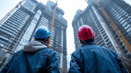 Building Architects Collaborate: Two construction architects are observing the architecture buildings, the image conveys the idea of collaboration, architecture, construction and hard work.