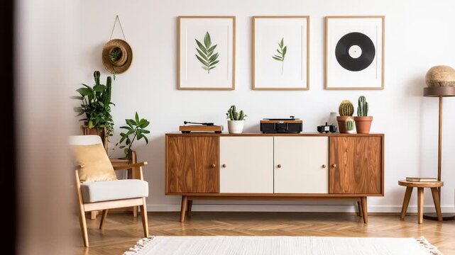Stylish Mid-Century Modern Living Room with Vinyl Player & Decor