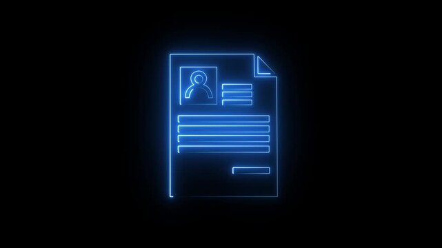 Glowing neon resume icon animation on black background. Cv application and professional staff analysis. 4k motion graphic video