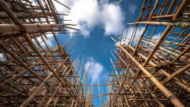 Bamboo Scaffolding and Cloudy Sky: Capturing an upward perspective of bamboo scaffolding against a vibrant sky punctuated by fluffy clouds.