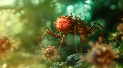 Cinematic image of nanobot disguised as virus infiltrating biological tissue 