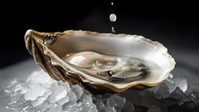 A fresh oyster on a bed of ice, with a droplet of water falling into it, creating a sense of freshness and luxury in a dark studio setting