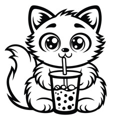 Cartoon fox is enjoying a boba drink with its adorable big eyes