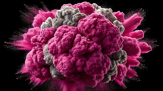 the image showcases a central burst of intricately textured forms in shades of rose and gray